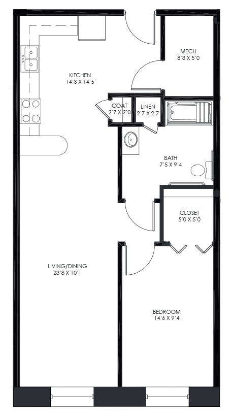 Floor plan for 1 bed, 1 bath, 715 sqft